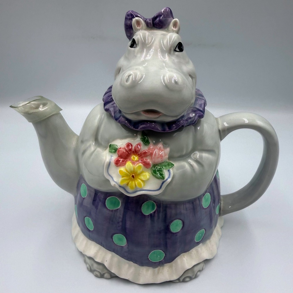 Mary Ann Baker Otagiri Japan Hippo Teapot Hand Painted Ceramic 8" Vintage